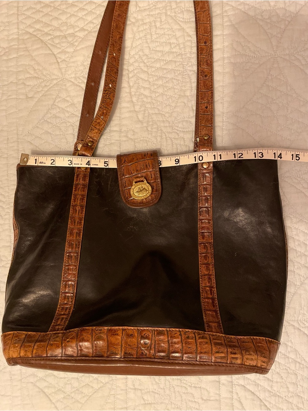 Vintage BRAHMIN Tuscan Leather Tote Black with Brown Crocodile-Embossed Trim - Picture 8 of 11